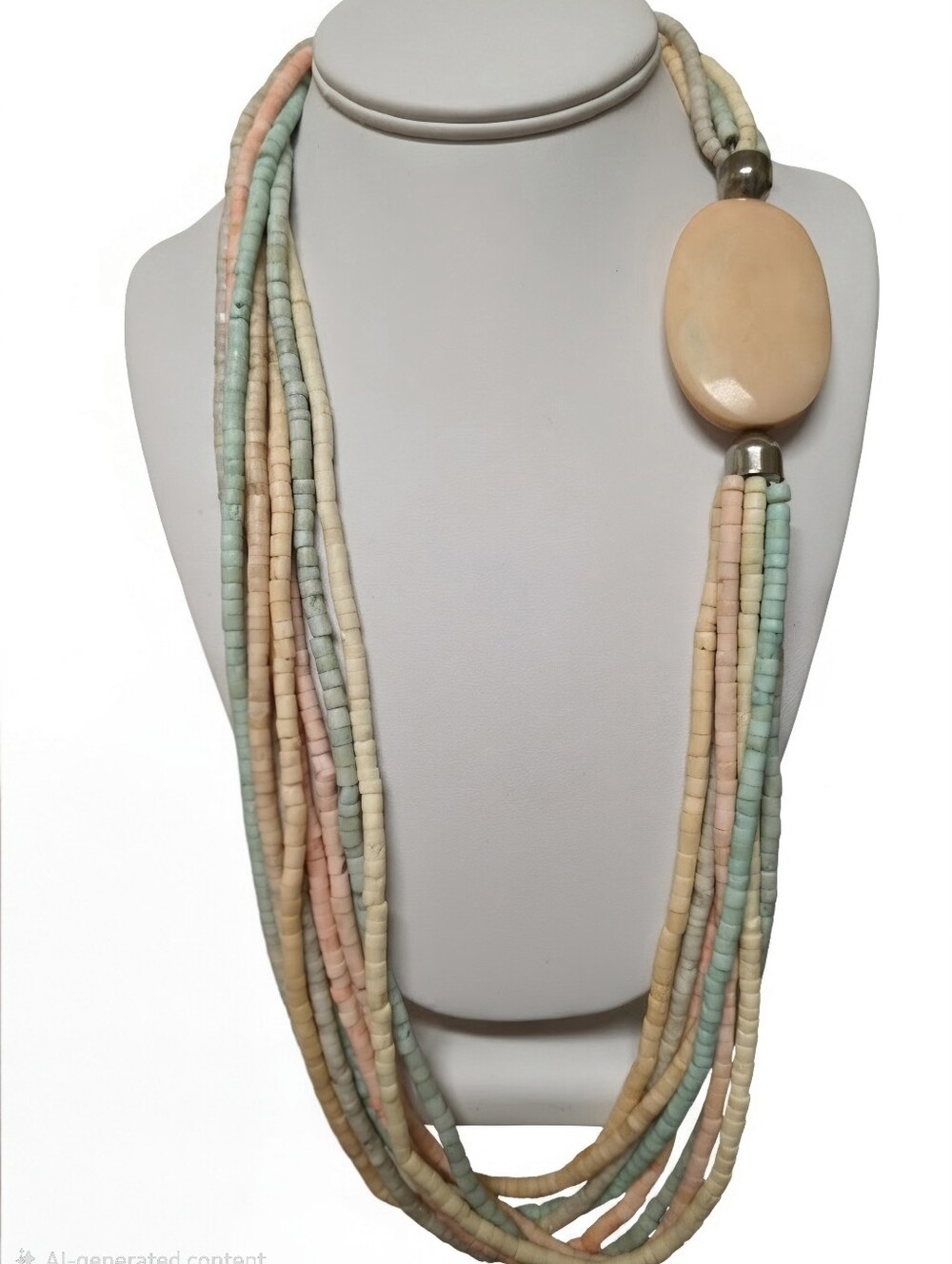 Vintage Pastel Bone Heishi Multi Strand Necklace Oval Carved Shell Focal Pendant